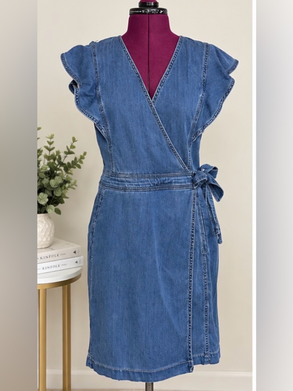White House Black Market Denim Wrap Dress - Medium Wash Blue